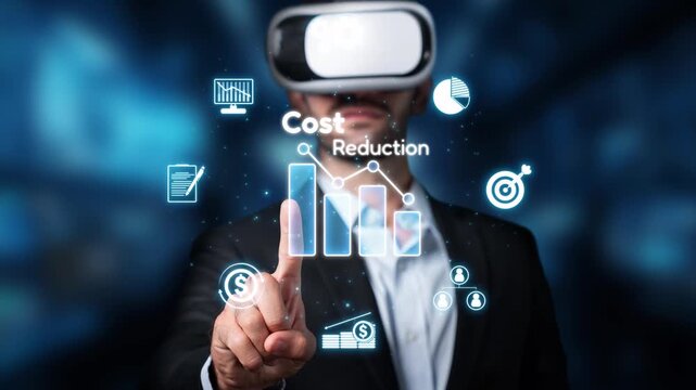 A proactive businessman uses a virtual reality headset to explore graphs and data focused on cost reduction strategies in a modern business setting. Raster
