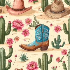 Seamless Western Pattern with Cowboy Boots, Hats, Cacti, and Flowers on Tan Background