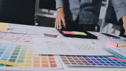 Financial meeting, infographic and closeup of business people and team doing statistics analysis with documents and graphs. Accountants consulting on data, budget and profit charts for company - Powered by Adobe