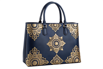 Elegant Navy Blue Handbag with Gold Mandala Embroidery Pattern