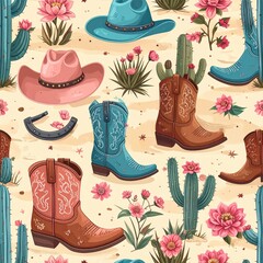 Seamless Western Pattern with Cowboy Boots, Hats, Cacti, and Flowers on Cream Background