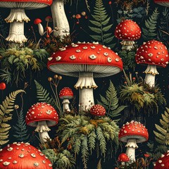 Amanita Muscaria Mushroom Seamless Pattern, Red and White Toadstool Background Illustration