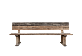 Rustic wooden park bench with weathered planks and sturdy legs isolated on a transparent background wooden bench
