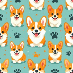 Cute Corgi Dog Seamless Pattern, Happy Smiling Puppy Background Illustration