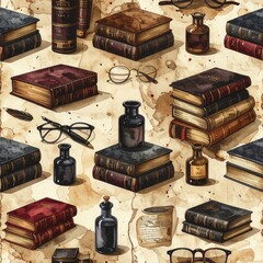Vintage Books and Ink Bottles Seamless Pattern, Antique Library Background Illustration