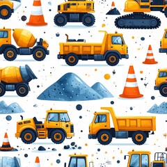 Construction Vehicles Seamless Pattern: Yellow Heavy Equipment Illustration on White