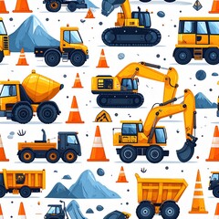 Construction Vehicles Seamless Pattern: Yellow Heavy Equipment Illustration on White