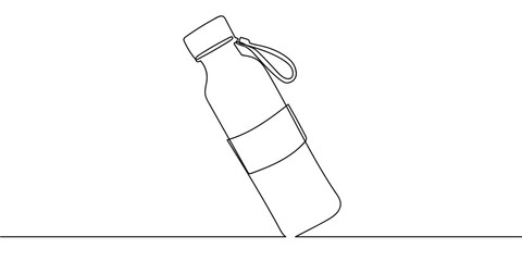 Continuous line art on a stainless steel water bottle. line art on transparent background Editable stroke.