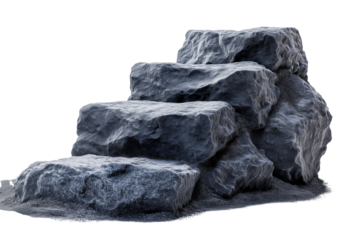 Stacked rough gray stone steps with granular texture and sand isolated on a transparent background rock