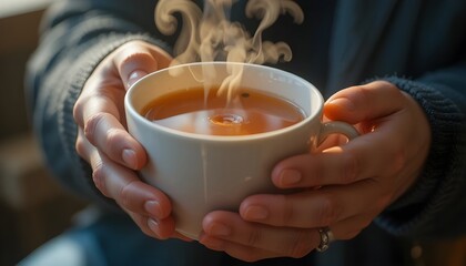 1. Extremely realistic, shallow depth of field, close-up of hands clutching a warm tea cup, steam rising, and pleasant morning light