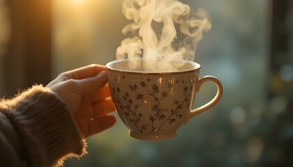1. Extremely realistic, shallow depth of field, close-up of hands clutching a warm tea cup, steam rising, and pleasant morning light