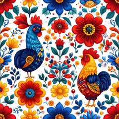 Colorful Roosters and Flowers Seamless Pattern: Vibrant Folk Art Illustration on White
