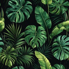 Lush Tropical Foliage Seamless Pattern with Monstera and Palm Leaves on Black