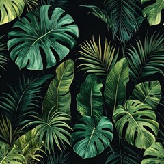 Dark Green Tropical Leaves Seamless Pattern on Black Background for Textile Design