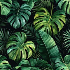 Vibrant Green Tropical Leaves Seamless Pattern on Dark Background for Textile Design