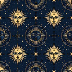 Vintage Celestial Seamless Pattern with Sun, Moon, Stars on Dark Blue Background