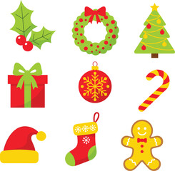 Colorful Christmas icons collection featuring wreath, tree, gift box, candy cane, stocking, Santa hat, holly, ornament, and gingerbread cookie, festive decoration set