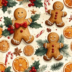 Festive Christmas Seamless Pattern with Gingerbread Men, Holly, Oranges and Candy Canes