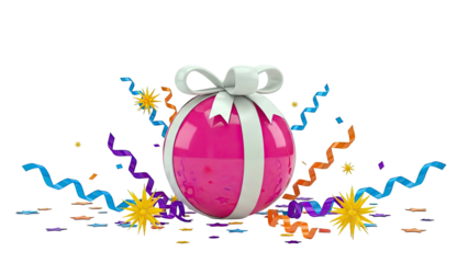Pink sphere with ribbon, streamers, and confetti