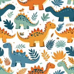 Seamless Dinosaur Pattern: Cute Cartoon Dinosaurs and Leaves on White Background