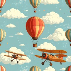 Vintage Air Travel Seamless Pattern with Hot Air Balloons and Biplanes in the Sky