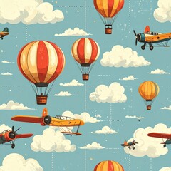 Retro Aviation Seamless Pattern with Hot Air Balloons and Biplanes in a Cloudy Sky