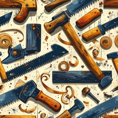 Seamless Pattern of Woodworking Tools on a White Wooden Background, Hand Drawn Style