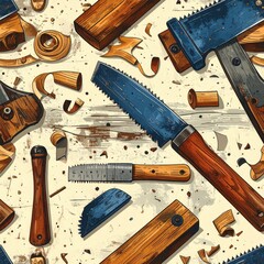 Hand Drawn Woodworking Tools Seamless Pattern on White Wood Background, Vintage Style