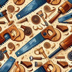 Seamless Pattern of Carpentry Tools and Wood Shavings on a Textured White Background