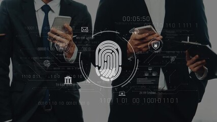 A group of business professionals engaged in using digital devices while showcasing a fingerprint security interface, emphasizing data protection in today digital landscape. Raster - Powered by Adobe