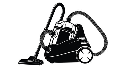 A detailed black and white illustration depicts a classic canister vacuum cleaner a household cleaning tool silhouette