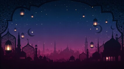 Fototapeta premium Ramadan Night & Eid El Fitr Celebration Islamic Cityscape Lanterns Crescent Moon Background Design