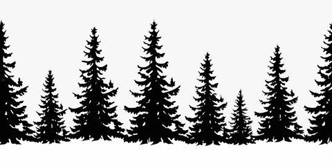 Silhouetted evergreen trees form a dark forest line against a white backdrop