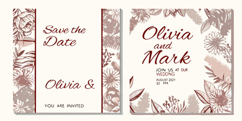 Floral wedding invitation cards with names olivia and mark save the date design