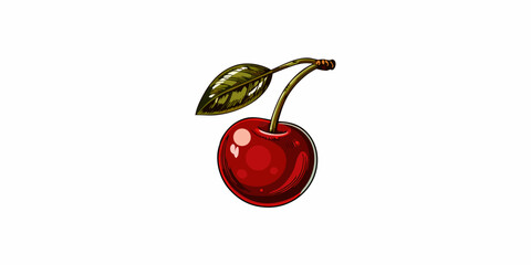 A vibrant illustration of a single ripe cherry with a fresh green stem © Shuvra Majumder