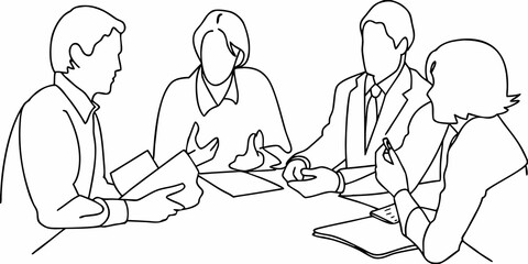 A simple line drawing depicting four people seated around a table
