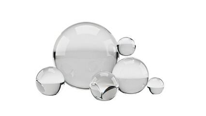 Abstract arrangement of clear glass spheres on a white background