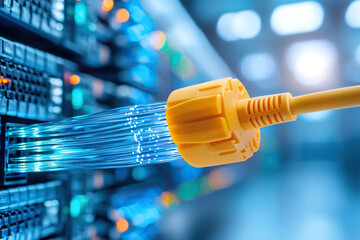 Close up of fiber optic cable connection with glowing strands, showcasing technology and data transfer in server environment