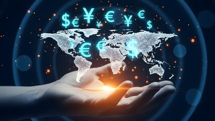 Global Currency Exchange Concept – World Map with Dollar, Euro, Yen, and Financial Network Technology Design