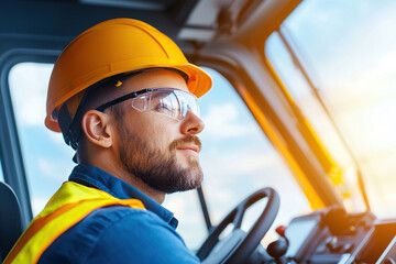 Construction worker safety helmet and glasses sits vehicle, focused task ahead, embodying professionalism and dedication