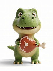 Fototapeta premium Cartoon dinosaur holding a broken rugby ball and bone on a white background