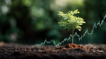 Growing Tree on Soil with Abstract Digital Line Graph Depicting Financial Growth and Environmental Progress in Nature Concept