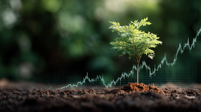 Growing Tree on Soil with Abstract Digital Line Graph Depicting Financial Growth and Environmental Progress in Nature Concept - Powered by Adobe