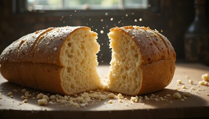 Cinematic food photography, crumbs flying, gentle natural light, and fresh bread being pulled apart