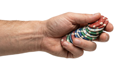 Male hand holding a stack of colorful casino chips