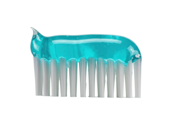 Hyper-realistic macro of a modern toothbrush head with vibrant turquoise gel toothpaste on a transparent background. Concept for dental care advertising