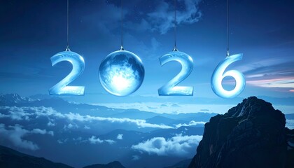 Icy numerals of 2026 hang over a mountain range at twilight