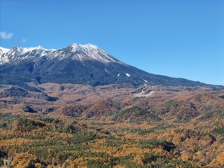 A mountain range with snow on top and a blue sky in the background. The mountains are covered in trees and the leaves are changing colors
