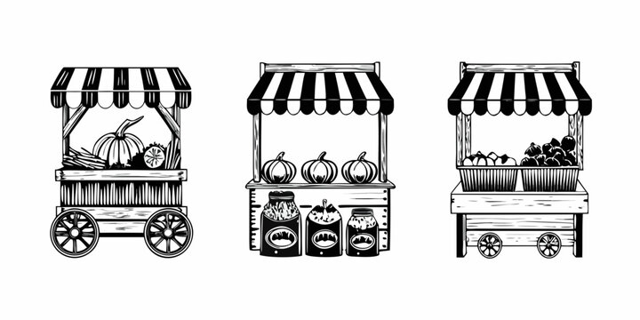 Vintage market stalls with pumpkins jars and produce in black and white