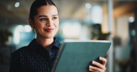 Tablet, thinking and smile with business woman in office for reflection, news story vision and perspective. Journalist idea, publication research and memory with person and tech in agency for review